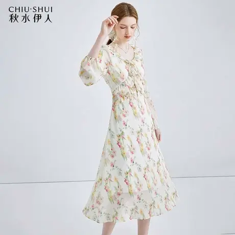 秋水伊人清新甜美碎花连衣裙2024年春季新款木耳边圆领显瘦中长裙图片