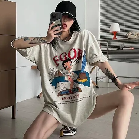 纯棉美式复古设计感短袖t恤女夏季潮牌宽松半袖oversize大码上衣商品大图