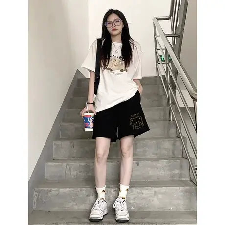 黑色运动短裤女夏季2023新款宽松百搭小个子高腰阔腿休闲裤五分裤商品大图