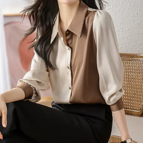 韩潮袭人洋气复古拼接撞色上衣POLO领长袖气质衬衣衬衫图片