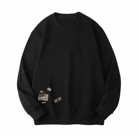 Ohlyah黑色中性风卫衣男圆领纯棉秋 情侣复古字母印花上衣女宽松商品大图