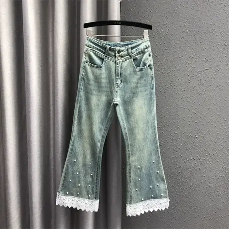 韩版微喇裤女2024春夏新款浅蓝色重工钉珠气质高腰百搭牛仔九分裤图片