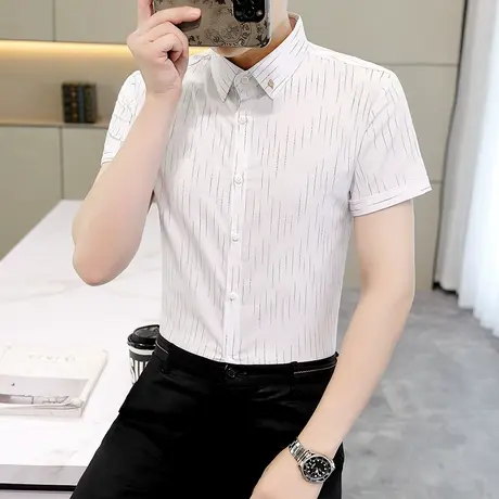 夏季男士短袖条纹衬衫潮流韩版高级感商务男装薄款痞帅休闲衬衣寸商品大图