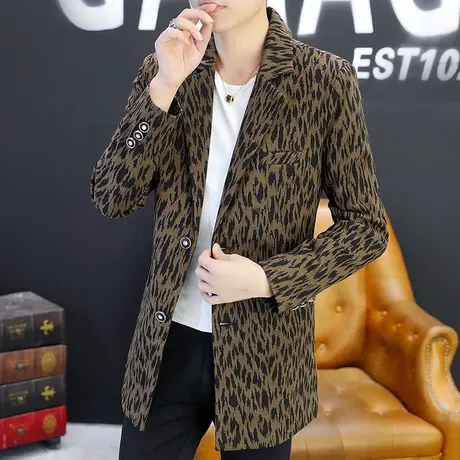 男士个性潮牌豹纹外套中长款风衣秋冬季韩版帅气夜场披风男装大衣商品大图