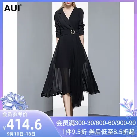 AUI欧洲站高级感黑色轻熟风连衣裙女春秋2023新款气质V领雪纺裙子图片