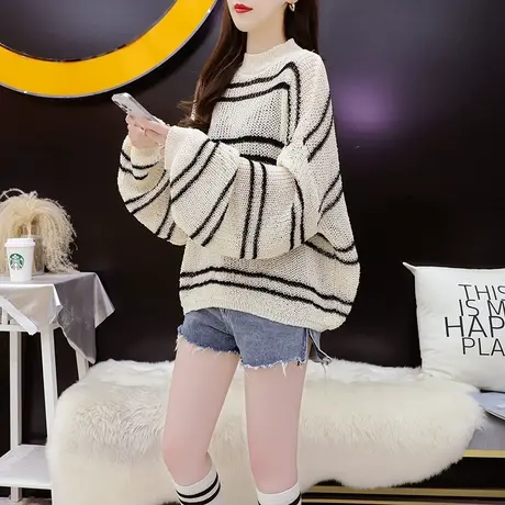 慵懒风条纹毛衣女2023新款早秋季韩版宽松短款小个子薄款针织上衣图片