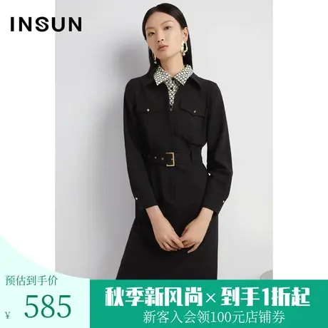 恩裳春秋季经典工装风内真丝印花假两件通勤连衣裙图片