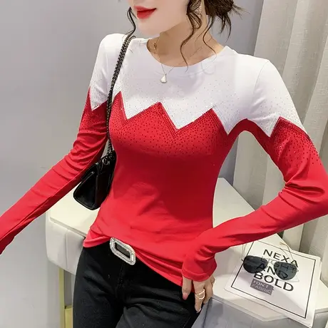 个性撞色T恤女长袖欧货设计感小众洋气修身打底衫春装内搭上衣潮图片