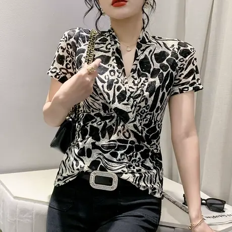 欧货网纱短袖女T恤2023夏季新款性感交叉V领小衫时尚洋气印花上衣商品大图