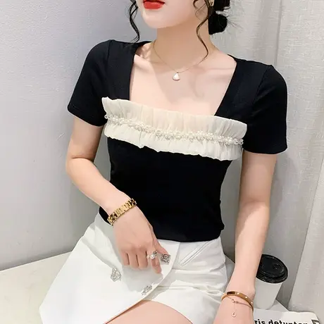 气质方领T恤女短袖2023夏装新款网纱拼接木耳边上衣紧身百搭小衫商品大图