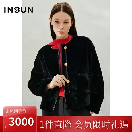 恩裳2023春款新款黑色皮毛一体外套女金属扣装饰圆领皮草商品大图