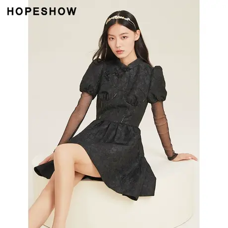 红袖outlets国风连衣裙hopeshow2023春季新款女泡泡袖收腰小黑裙图片