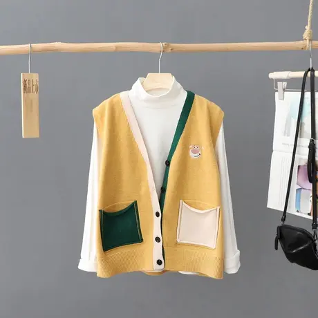 洋气拼色V领刺绣针织马甲女背心无袖毛衣外套开衫宽松百搭毛坎肩X图片