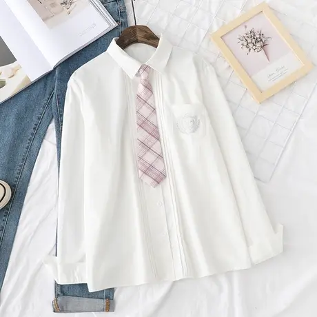 早秋日系文艺jk制服衬衫女宽松职业装长袖白色刺绣上衣学生学院风图片