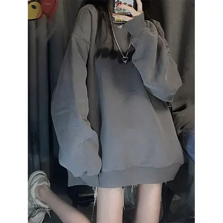 慵懒风美式灰色圆领oversize卫衣女春秋装2023年新款宽松长袖上衣图片