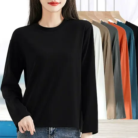 黑色长袖t恤女小圆领宽松休闲大码遮肚打底衫内搭秋冬高级感秋衣商品大图