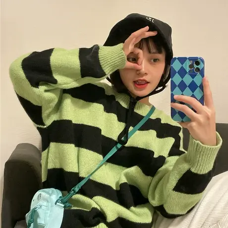 红续日系复古条纹宽松慵懒风套头针织衫长袖毛衣女秋冬季新款外套图片