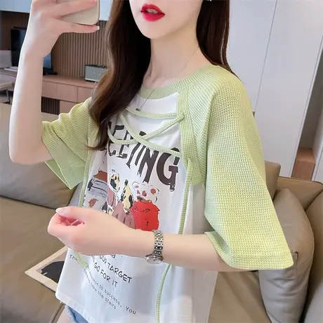 设计感小众短袖t恤女夏季韩版宽松大码欧货撞色小个子绑带上衣服图片