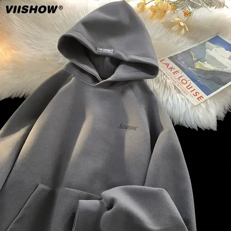 VIISHOW卫衣男2023秋季美式简约宽松痞帅连帽百搭纯色潮流上衣商品大图
