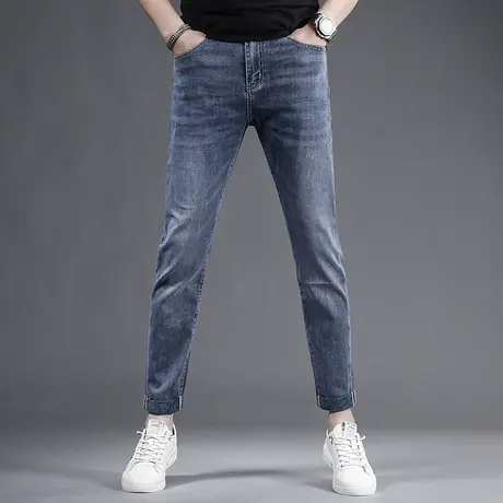 蓝色牛仔裤男款修身小脚裤夏季薄款2023新款潮流裤脚印花男士裤子商品大图