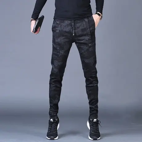 清仓 加绒裤子男迷彩牛仔裤秋冬款修身小脚休闲男士裤子冬季保暖商品大图