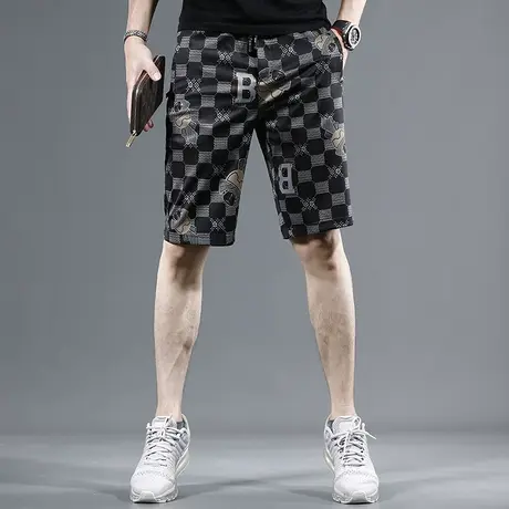 2023夏季新款冰丝休闲短裤男潮牌格子修身男士薄款弹力五分裤子男商品大图