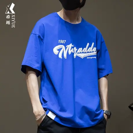 夏季蓝色T恤男纯棉加肥加大胖子短袖男士大码薄款男生内搭打底衫商品大图