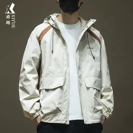 希越秋季户外防风防水冲锋衣男宽松大码日系ins撞色拼接夹克外套商品大图