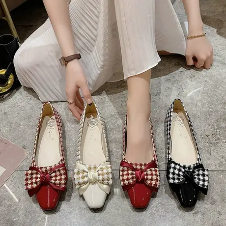 小香风平底单鞋女2023春季晚晚风温柔豆豆鞋平地百搭蝴蝶结瓢鞋女商品大图