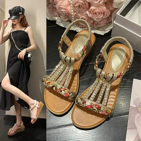 配裙子罗马凉鞋女款夏季2023新款小众坡跟波西米亚名族风沙滩鞋子图片