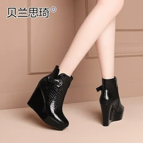 漆皮坡跟短靴女厚底秋冬季新款加绒女鞋真皮防水台高跟马丁靴子图片