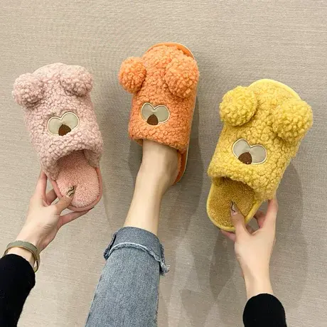 冬天室内居家拖鞋男女情侣可爱毛绒小熊家居保暖毛茸茸棉拖鞋家用商品大图
