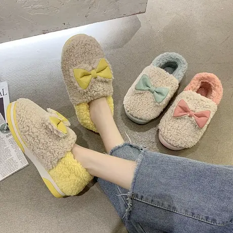 棉拖鞋女冬季室内家居保暖毛绒可爱蝴蝶结拼色包跟厚底防滑月子鞋商品大图