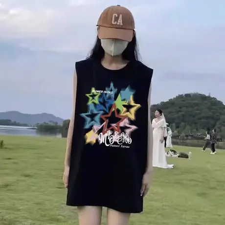 纯棉吊带坎肩背心无袖t恤女2024夏外穿美式复古宽松港风挂脖上衣商品大图