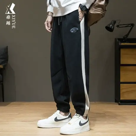 春秋加绒加厚卫裤男拼接撞色九分裤新款春季宽松大码运动休闲裤子图片