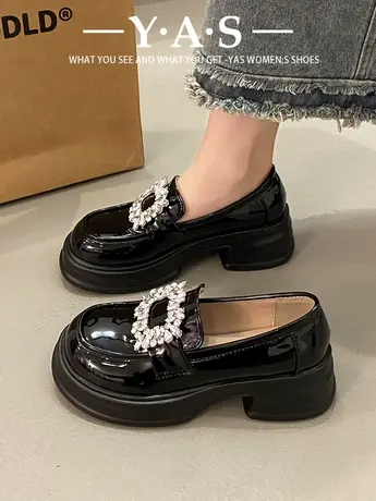 厚底乐福鞋女2024新款高级感水钻粗跟黑色小皮鞋春秋英伦玛丽珍鞋商品大图