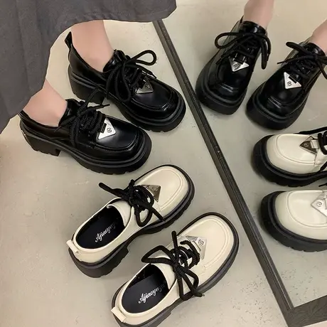 乐福鞋女2024年春季新款粗跟高跟单鞋配裙子百搭复古英伦风小皮鞋商品大图