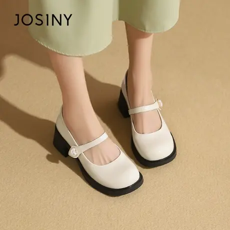 Josiny/卓诗尼仙女气质高跟鞋2023夏秋新款方头粗跟一字带小皮鞋商品大图
