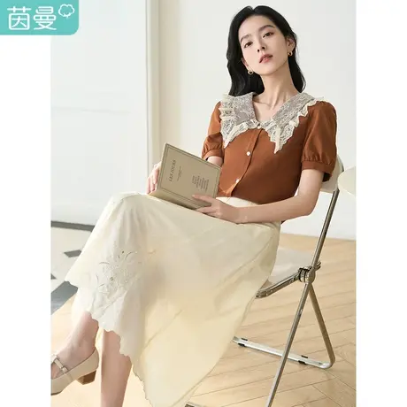 茵曼温柔气质半身裙2023夏女装新款高腰镂空绣花裙摆中长款裙子商品大图