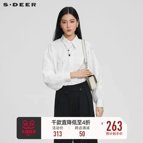sdeer圣迪奥女装翻领暗门襟网纱灯笼袖衬衫S231Z0523商品大图