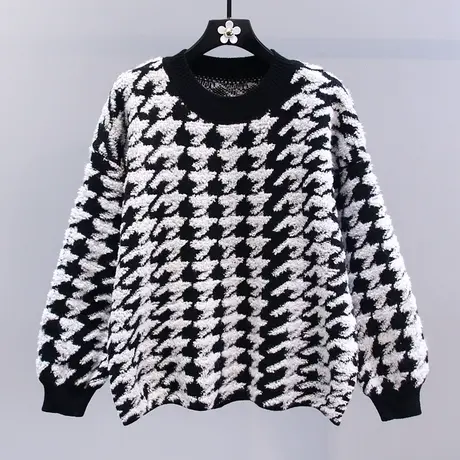 韩版复古千鸟格毛衣女秋冬2023新款宽松慵懒风设计感洋气针织上衣图片