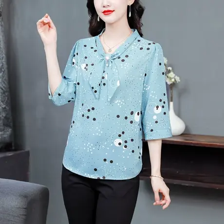 女士衬衫真丝印花七分袖衬衣2023年夏季新款宽松洋气妈妈好看上衣商品大图