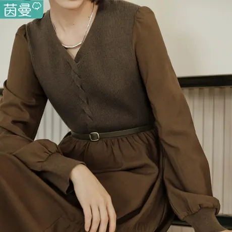 茵曼法式打底赫本风针织连衣裙女装2024新款秋冬季长袖收腰长裙子商品大图