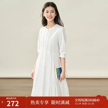 【商场同款】茵曼纯色连衣裙2023秋季女装新款圆领灯笼袖显瘦裙子图片