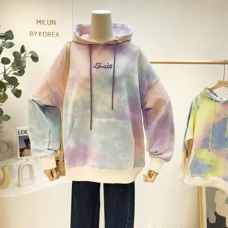 小众设计感上衣2021早秋新款韩国东大门扎染渐变色连帽卫衣宽松潮商品大图
