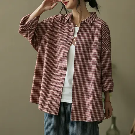 dza 复古宽松休闲格子衬衫女士春季辛苦百搭翻领长袖衬衣短款上衣图片