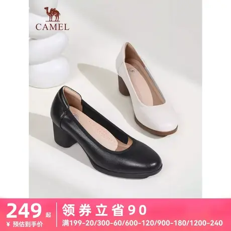 骆驼女鞋2023年秋季新款软底通勤空姐鞋真皮小皮鞋高跟粗跟单鞋女图片