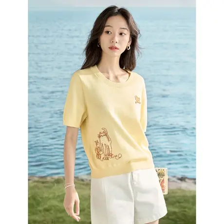 【商场同款】茵曼时尚趣味针织衫2023夏女装新款绣花宽松短袖上衣图片