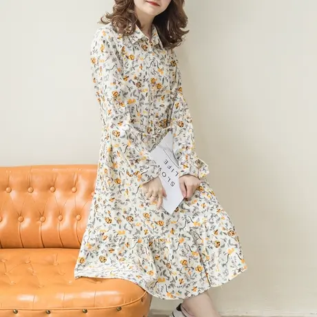 胖妹妹秋季2023新品灯芯绒印花复古连衣裙大码微胖宽松衬衫鱼尾裙图片