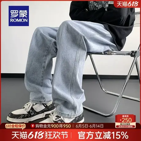 罗蒙男士宽松百搭直筒阔腿牛仔裤2025春季新款松紧腰潮流复古长裤商品大图